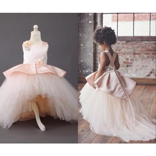 New Pink Baby Girls Clothes Birthday Dresses with Sweep Train Beaded Applique Kids Formal Wear Baptism Dresses