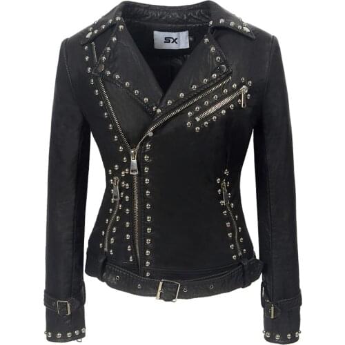 New PU Faux Leather Jacket Suede Womens Rivet Coat 2020 Casual Belt Female Lapel Slim Studs Lady Wristband Motocycle Outerwear