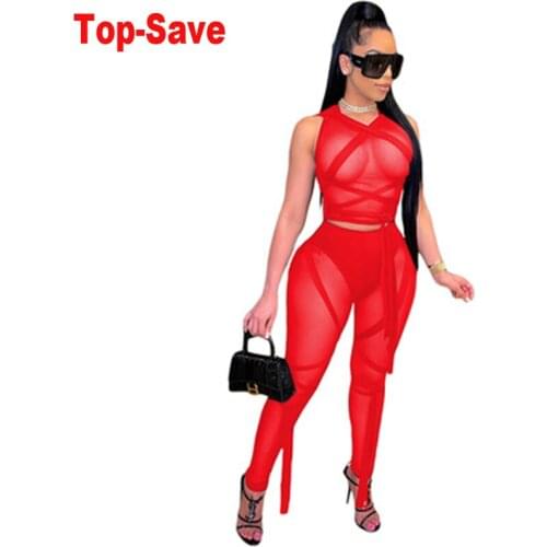 Festival Two Piece Set Women Bodycon Bandage Evening Party Sexy Fashion Outfits Mesh See-Through Solid Sleeveless Clothing 2021