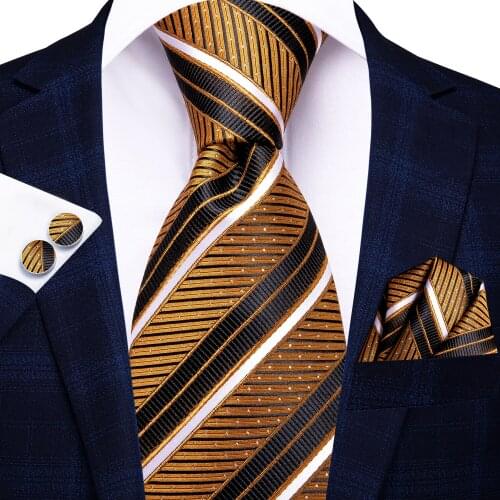 Hi-Tie Black Gold Striped Paisley Silk Wedding Tie For Men Novelty Designer Quality Hanky Cufflink Gift Nicktie Set Dropshipping