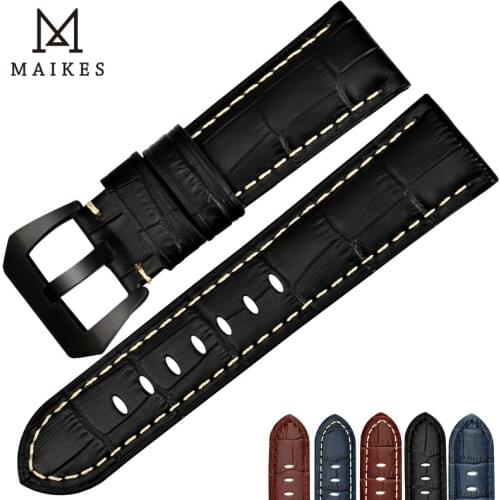 MAIKES Handmade Watch Accessories Black Slub pattern Vintage Genuine Leather 22mm 24mm 26mm Watchband Watch Strap & Watch Band