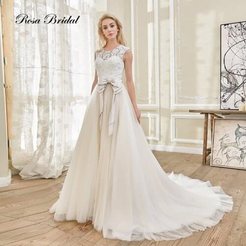 Rosabridal wedding dress ball gown Round collar lace appliques beading emboidery belt backless dress with bow invisible zipper