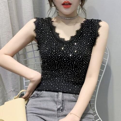 Womens Tank Tops Summer 2021 Casual Sleeveless Sexy V-Neck Crop Top Women Korean Fashion Diamonds Knitted Vest Vetement Femme