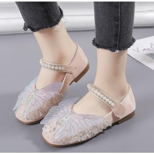 Girls Princess Shoes Kids Leather Party Dance Shoes Summer Autumn Baby Flats Pearl Butterfly Student Performance Children Shoes