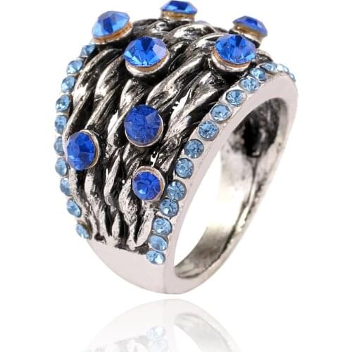 Vintage Antiqued Silver Color Royal Blue Crystal Rhinestone Chunky Rings for Women Men Retro Jewelry