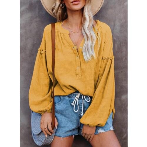 Fashion Women Casual Loose T-Shirts Patchwork Design V-Neck Long Lantern Sleeve Solid Color Spring Autumn Buttons Pullovers Tops