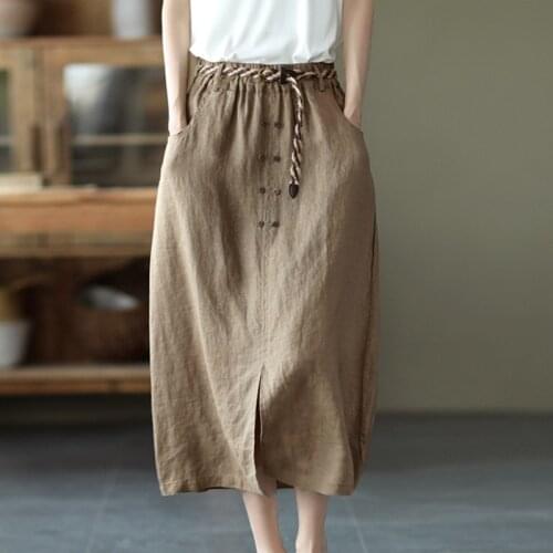 Johnature Women Ramie Skirts Elastic Waist Solid Color Split Skirt 2021 Summer Belt Button Pocket Vintage Female A-Line Skirt