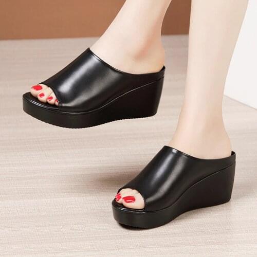 Small Plus 32-43 Medium Heel Platform Slippers Summer Shoes Woman 2021 Open Head Leather Wedges Slides Casual Beach Slipper
