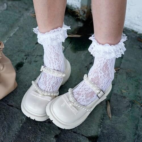 Lucyever Fashion Pearl Med Heels Mary Janes Shoes Women Big Toe Bow Buckle Platform Lolita Shoes Women Casual Thick Bottom Pumps