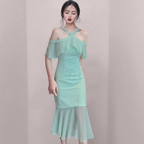 Sexy Halter Chiffon Ruffles Patchwork Bodycon Mermaid Dress Women Vintage Sleeveless Off Shoulder Elegant Vestidos Female 2021