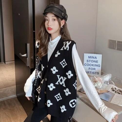 Korean Style Spring Autumn Letter Print Vests For Women V-neck Sleeveless Jacket Jersey Mujer Slim Sweater Vest Fashion Knitted