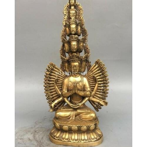 19'' copper brass carved lotus buddhism eleven face Thousands Hands Guanyin