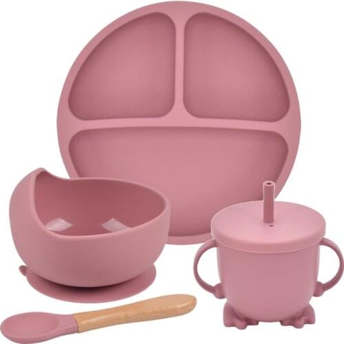 4pcs/Set New Design Baby Things Bpa Free Folding Tableware Dishes Plates Non-Slip Feeding Food Tray Solid Colour Bowl Straw Cup