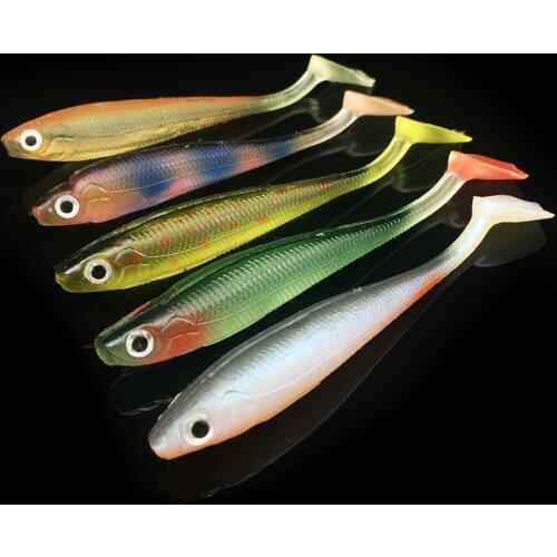 5 Pcs/lot Rainbow Fishing Lures 90mm 5g Wobblers Carp Fishing Soft Lures Silicone Artificial Double Color Baits T Tails