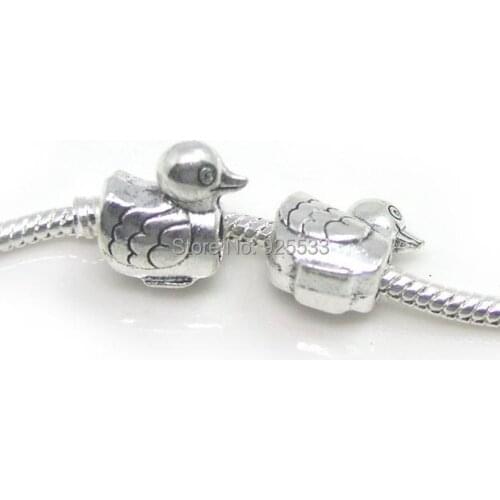 Free shipping 50pcs 12.5x15x8.3mm antique silver plated alloy duck big hole beads fit European bracelet Jewelry DIY