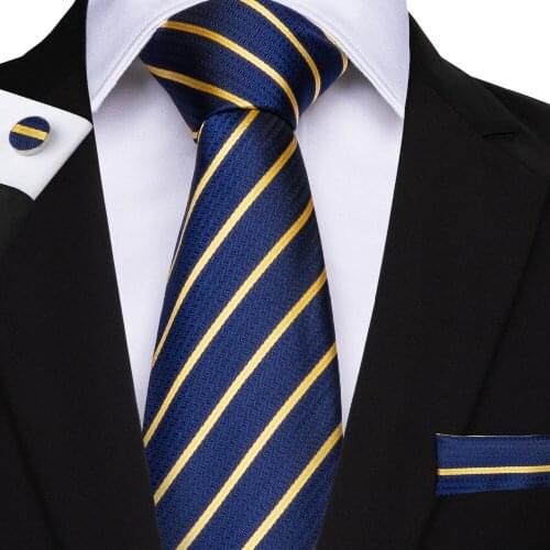 DiBanGu Striped Men Tie Blue Hanky Cufflinks Sets Mens Silk Wedding Tie For Men 160cm Length 8.5cm Tie Business Party Cravatte