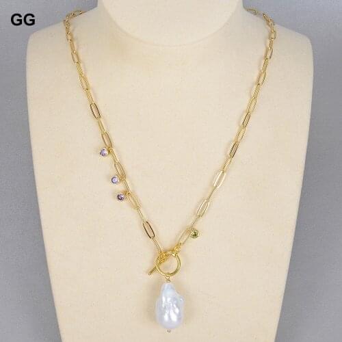 GG Jewelry Classic Natural Cultured White Keshi Pearl Baroque Pearl Pendant Four Seasons Chocker Chain Necklace 18" For Women