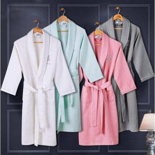 100% Cotton Womens Bathrobe Embroidery Waffle Soft Kimono Robe Hotel Night Dressing Gown Pijamas Brides Bridesmaid unisex Robe