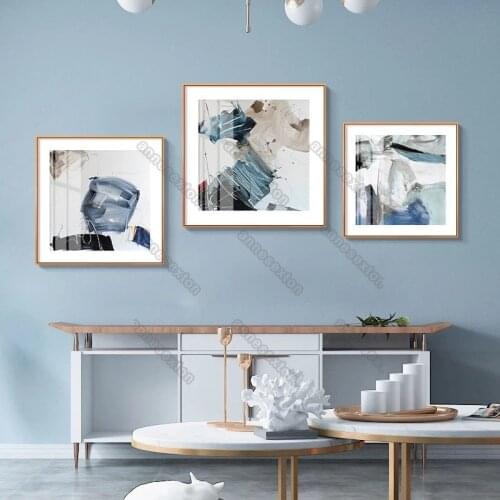 Modern Style Canvas Painting Wall Poster Art Abstract Pictures with White and Blue Navy Colors for Home Rooms Wall Decoration