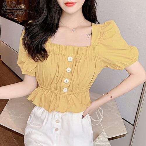 Summer Vintage New Short Sleeve Puff Sleeve Solid Fashion Women Blouses Square Collar Sweet Chiffon Blouse Ropa De Mujer 10023