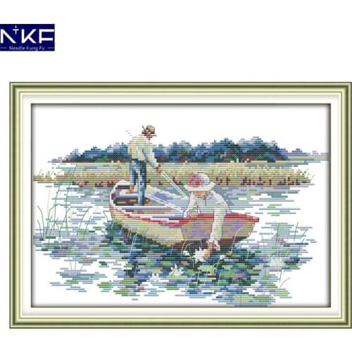 NKF Pick The Lotus Counted Cross Stitch Sets Needlework DIY Kits Embroidery Chinese Cross Stitch Chart Pattern for Home Decor