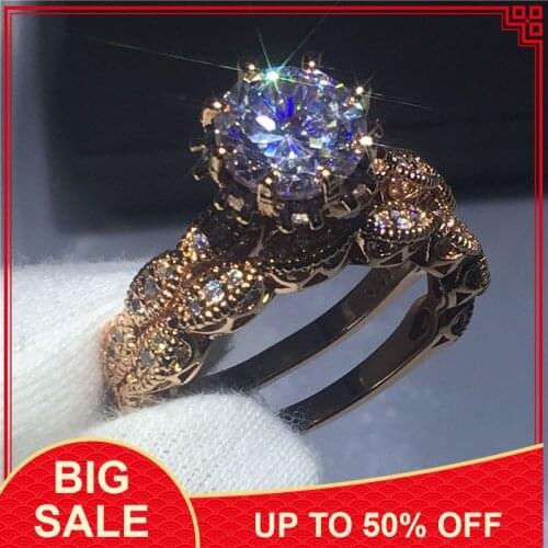 Vintage Women Round cut 3ct AAAAA zircon Cz Rings Rose gold Filled Silver color Flower wedding Band ring set for wome