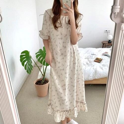 Cartoon giraffe summer nightgown women soft cotton long sleepwear short sleeve ruffles nightdress crepe purple apricot L582