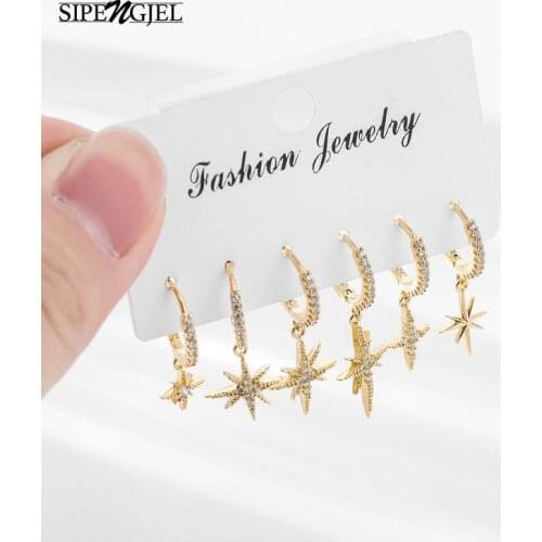 New Fashion Cubic Zircon Star sets Earrings Simple 6 pcs set small hoop Earrings For Women wedding Jewelry Gift 2020 trend