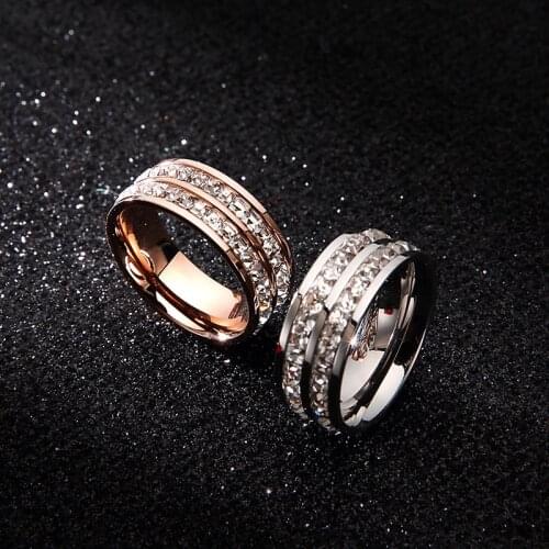 YUN RUO Rose Gold Color Luxury Double Row Zirconia CZ Rings for Woman Man Wedding 316 L Stainless Steel Jewelry Prevent Allergy