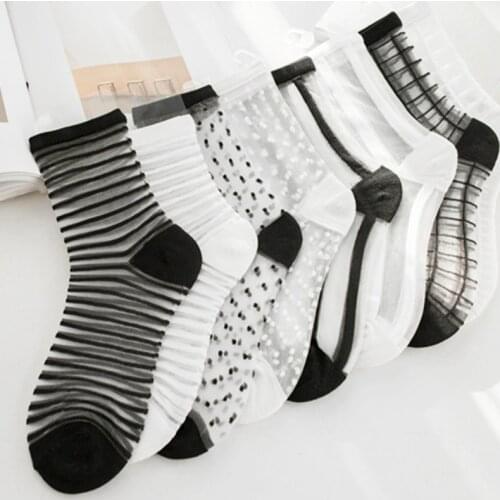 Sexy Lace Mesh Fishnet Women Socks Summer Ultra-thin Transparent Crew Socks Harajuku Retro Casual Striped Black White Long Socks