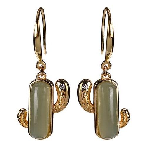 925 sterling silver gold plated Hetian gray jade earrings personality fashion Cactus Lady ear hook eardrop earring