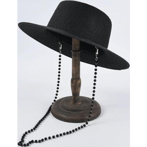 White/Black Wide Brim Simple Church Derby Top Hat Panama Solid Felt Fedoras Hat With Chain For Women Faux Wool Flet Jazz Cap