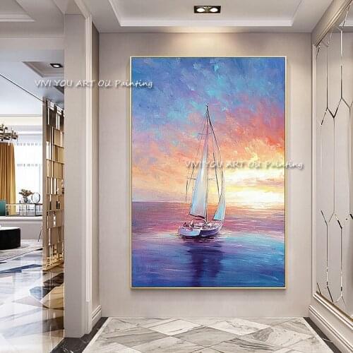 The Sunset Sea View Ship Original Abstract Modern Thick Oil Painting On Canvas Handpainted Textured Wall Art For Office Seaspace
