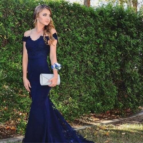 Off the Shoulder Blue Long Lace Mermaid Prom Dresses Floor Length Arabic Short Sleeves Evening Gowns robe de soiree