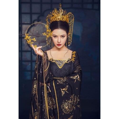 WYJN 6 Designs Black Golden Embroidery Long Tailed Empress Princess Drama Costume Stage Show Photography Cosplay Hanfu Female