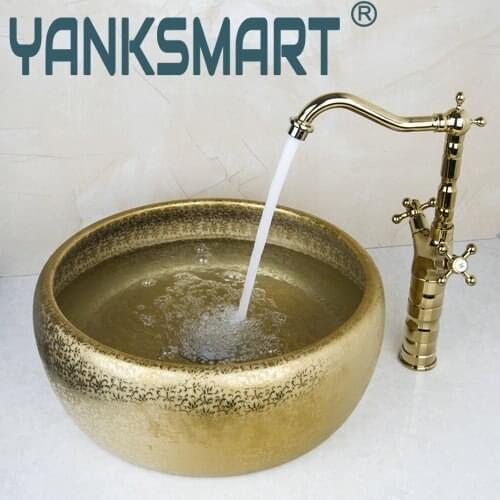YANKSMART Ceramice Bath Sink Tall Golden Double Basin Tap+Bathroom Sink Washbasin Lavatory Combine Set Mixer Faucet 46048631K