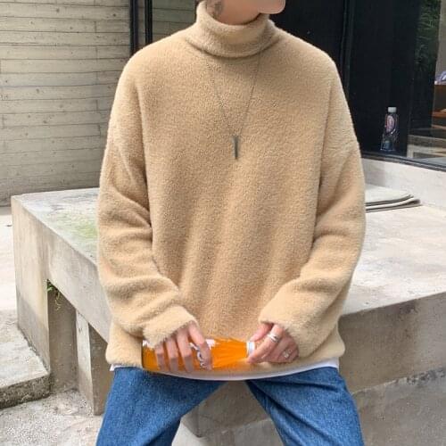 Japanese Fashion Winter Men Turtleneck Sweater Mens Clothes Solid Color Mohair Kintted Fine Coats Unisex Cashmere Sweater Jumper