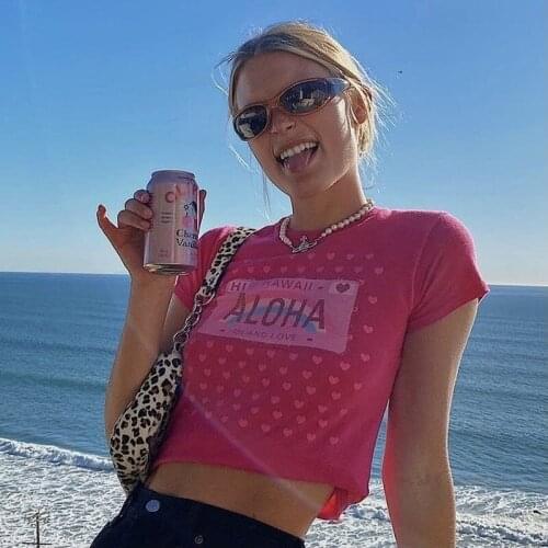 ALOHA Hawaii Style Heart Pink T Shirts O-neck Short Sleeve Crop Tops Sexy Hot Girls 2021 Fashion Niche Design Aesthetic Y2k Tops