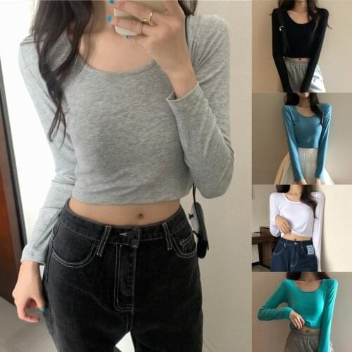 Women Sexy Bodycon T Shirt Casual Solid Color Scoop Neck Long Sleeve Slim Blouse Top Base T-shirt Fashion Autumn solid top