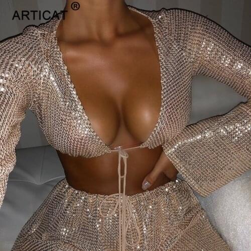 Articat Two Piece Set Glitter Sexy Sequined Jumpsuit Women Lace Up Cropped Rompers Womens Jumpsuit Casual Party Playsuit Overall