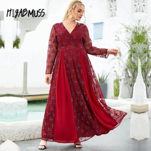 Dubai Oversized Womens Lace Hollow Long-sleeved V-neck Fashion Temperament Red High Waist Muslim Dress Kebaya Oriental Caftan