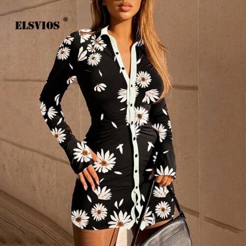 Fashion Women Lapel Print Buttons Cardigan Mini Dresses 2021 Spring Summer Casual Long Sleeves Elegant Office Slim Shirt Dresses