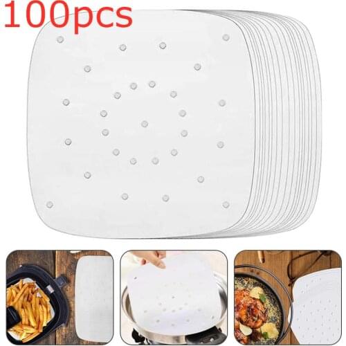 100Pc Air Fryer Steamer Liners Premium Perforated Wood Pulp Papers Non-Stick Steaming Basket Mat Baking Cooking Tools