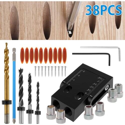 38pcs Woodworking Oblique Hole Locator Drill Bits Pocket Hole Jig 15 Degree Angle Drill Guide Set Hole Puncher Carpentry Tools