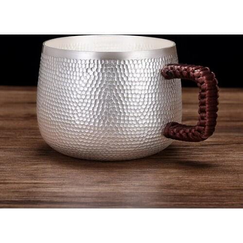 Ag999 Sterling Silver Handmade Hammer Pattern Carving Mug For Tea Large Beer Coffee Cup With Handgrip