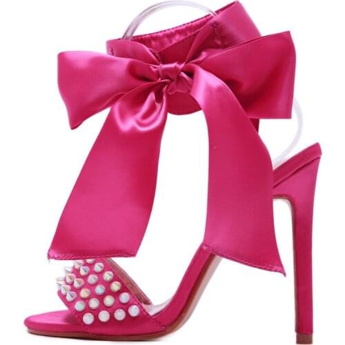 Women sandals Silk Lace Up 12cm Thin Heels High heels Round Toe Butterfly-knot Rhinestones Shallow sandal women shoes size 35-42