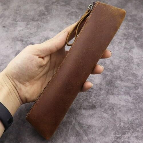 Crazy horse cowhide retro simple stationery bag pencil ballpoint pen pen storage bag stationery box handmade genuine leather bag