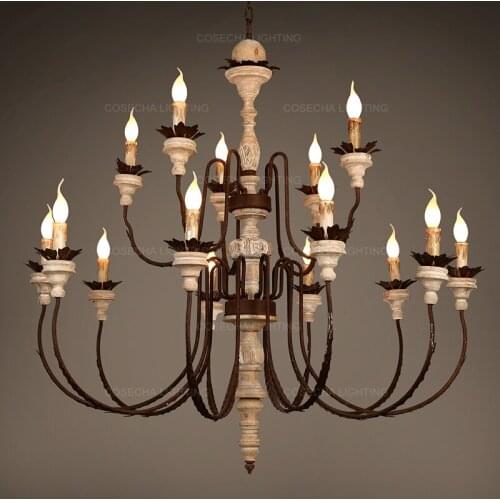 Antique rustic chandeliers wood hanging lights french classic suspension chandelier for farmhouse church villa living room foyer