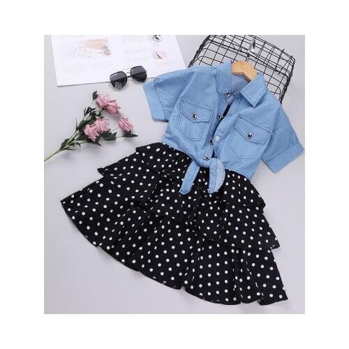 Childrens clothing new girl baby summer suit short-sleeve childrens suspenders polka dot dress denim shawl two-piece suit