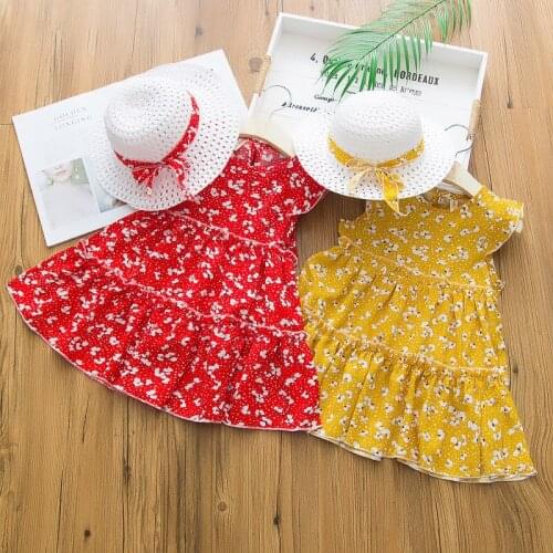 2020 New Baby Girl Summer Dress Korean Fashion 2pcs Set Floral Sweet Dress+Straw Hat Play Holiday Cotton Children Princess Dress